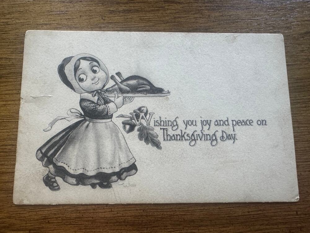 1912 Thanksgiving Postcard Girl Turkey Elmwood Place Ohio Divided Back